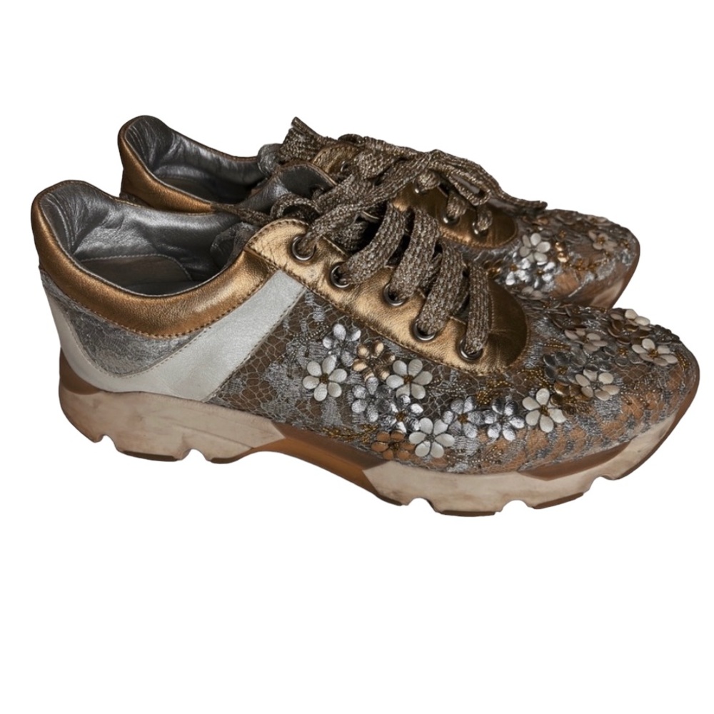 Rene Caovilla Gold and Shimmering Metallic Embroidered Lace Sneakers.